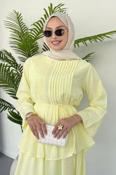 Nervürlü Bağcık Detaylı Bluz ve Dökümlü Etekli İkili Takım 8043 - Sarı